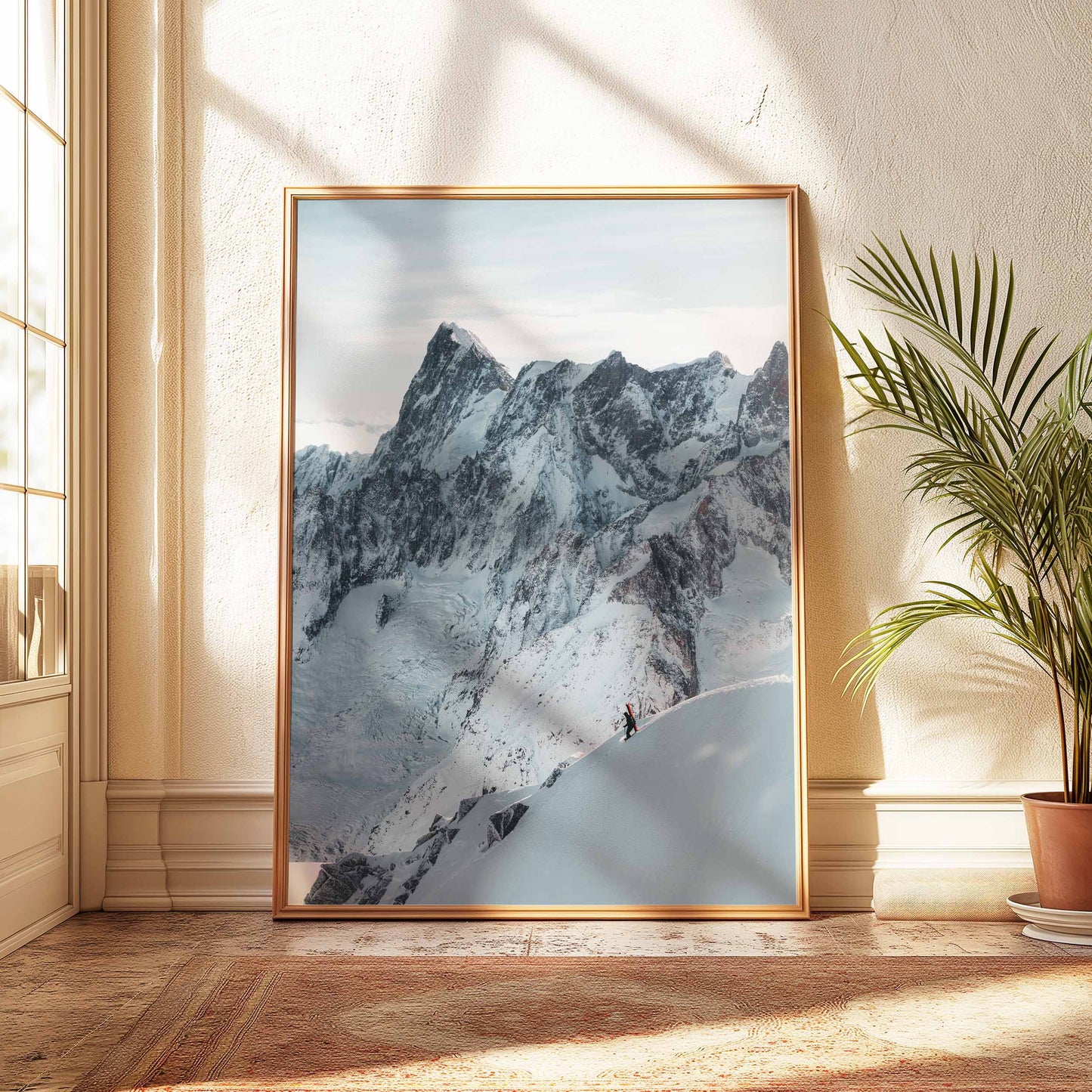 A skier on the Midi Arete with the Alps in the background, displayed as premium wall art with natural light accents.