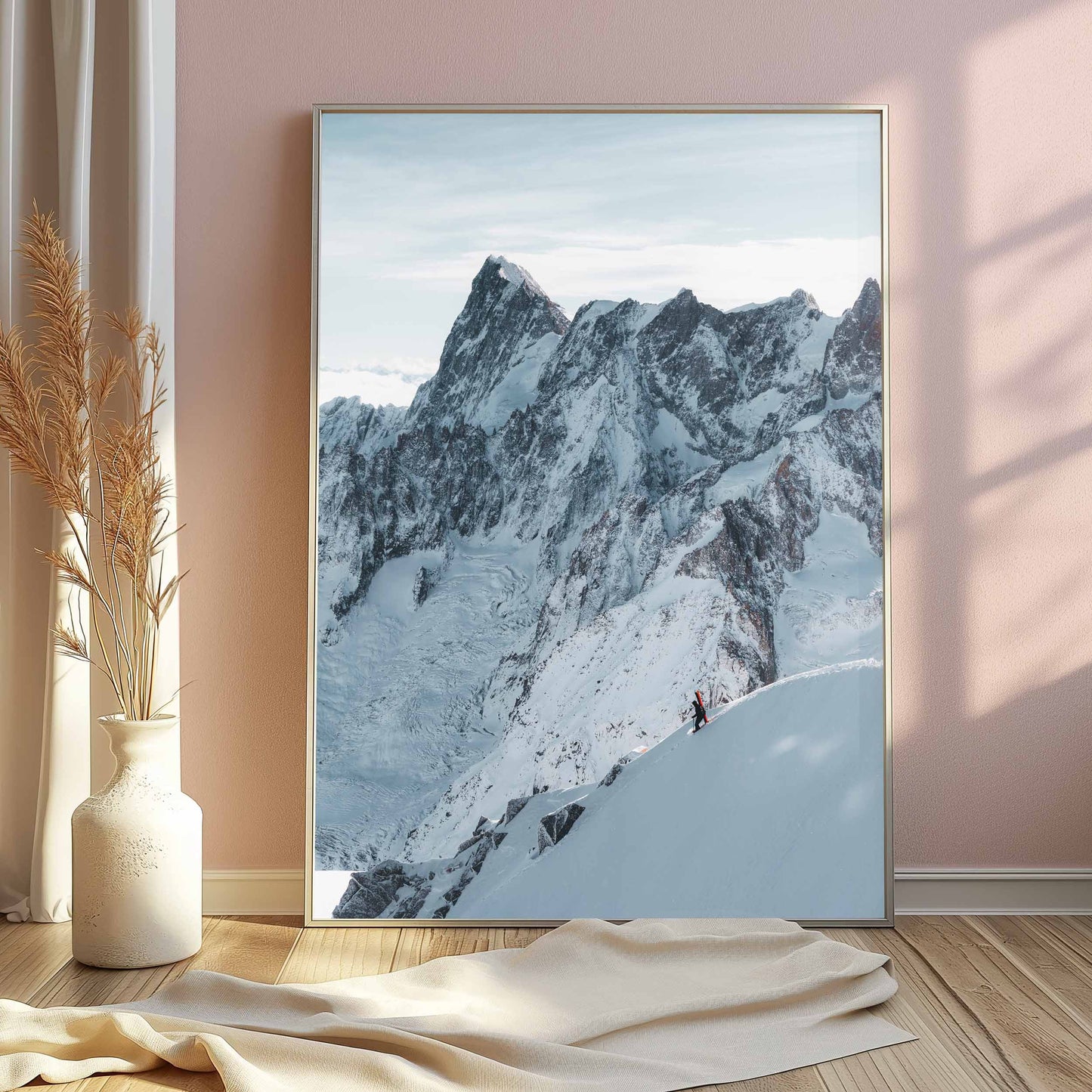 Dramatic alpine scene of a skier descending the Midi Arete, framed wall art for elegant interior designs.