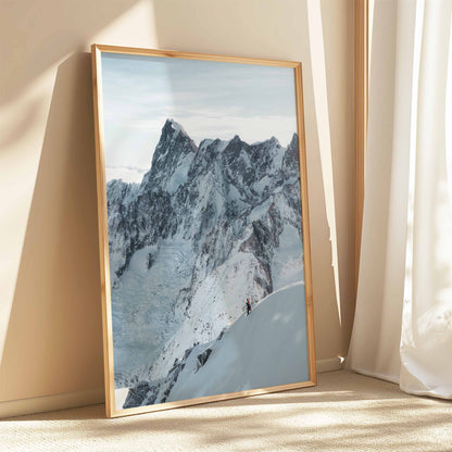 Breathtaking ski descent on the Midi Arete, mountain wall art styled in a natural wooden frame