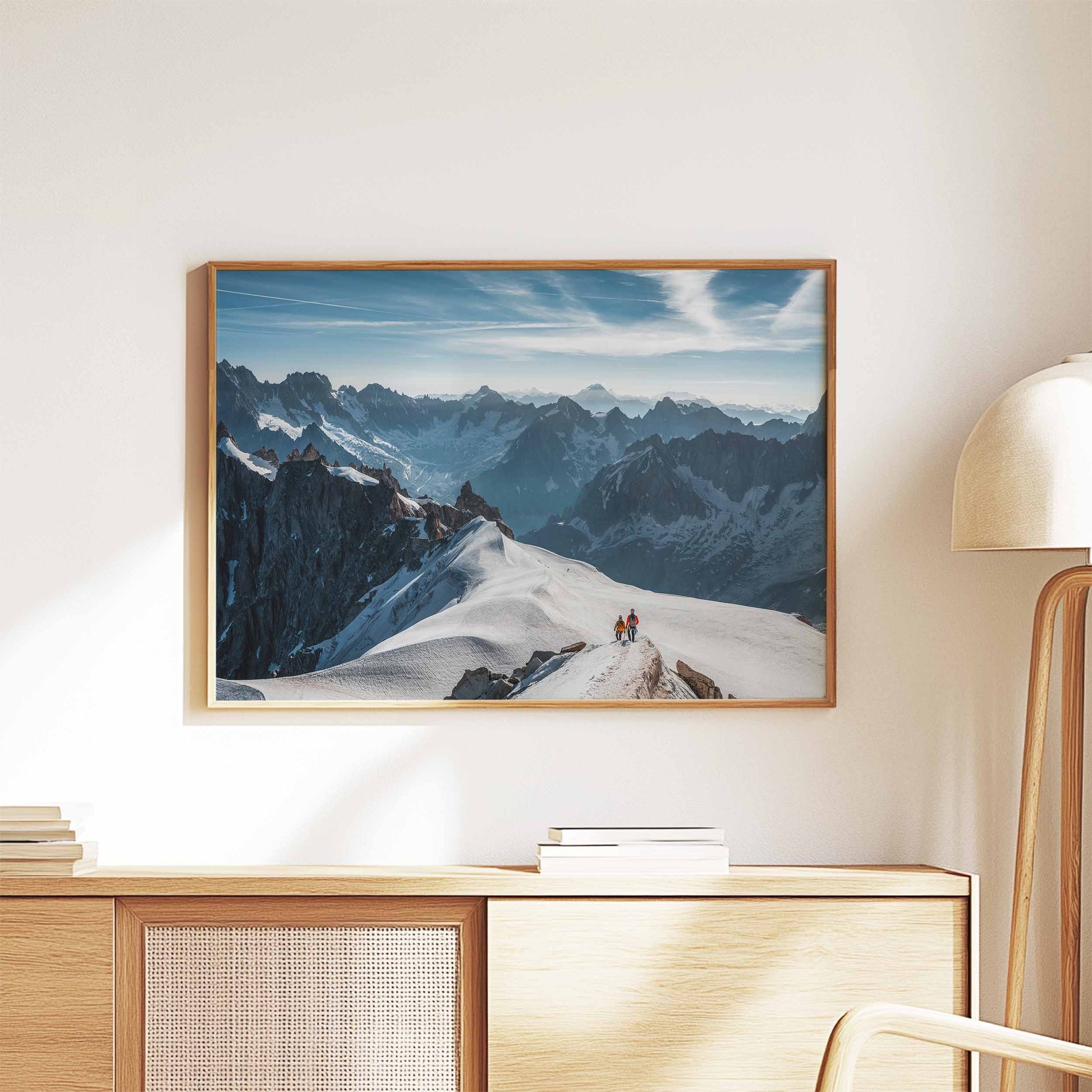 Mountaineers on the Midi Arête captured in framed wall art, showcasing the grandeur of the French Alps.