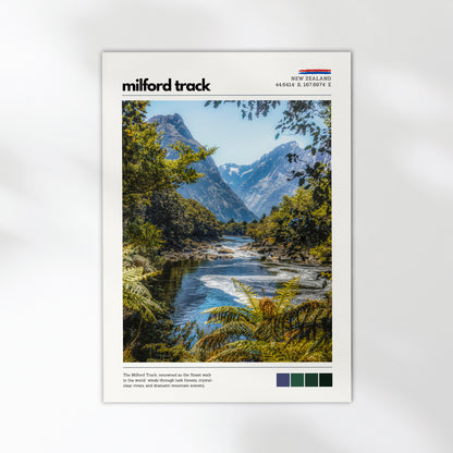 Milford Track landscape photography print showing alpine mountains, river, and native forest in Fiordland National Park