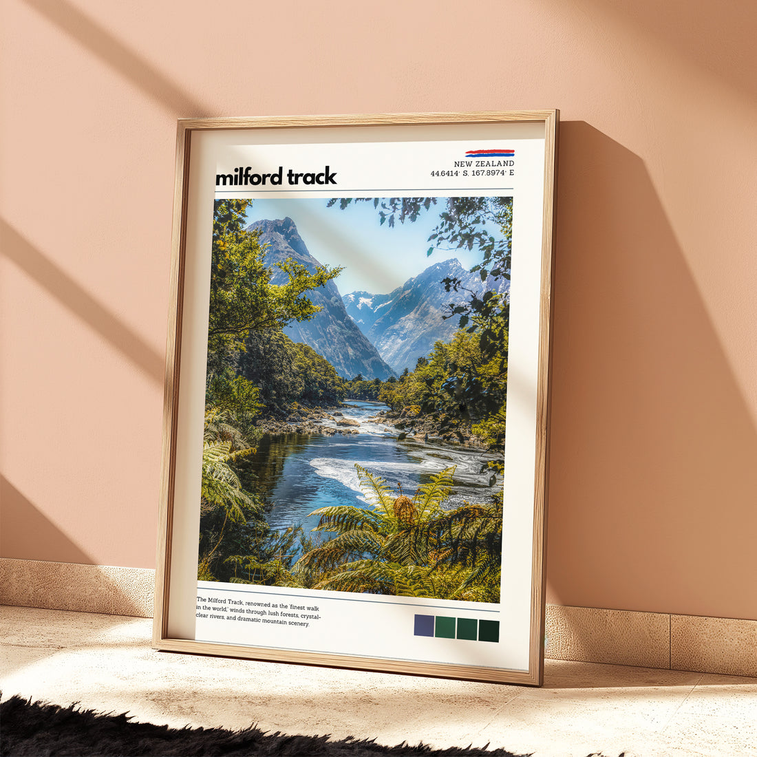 Framed Milford Track wall art print featuring Fiordland river and mountain landscape
