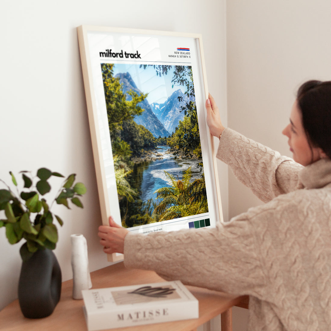 Milford Track landscape wall art print being styled in a home interior