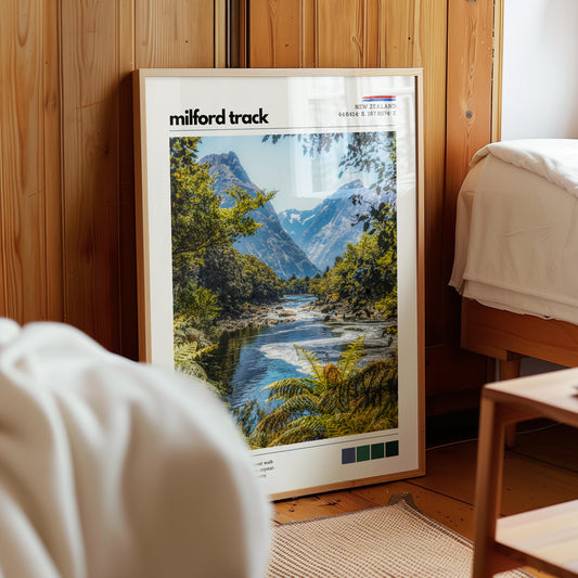 Milford Track nature wall art print styled in a bedroom interior with natural light