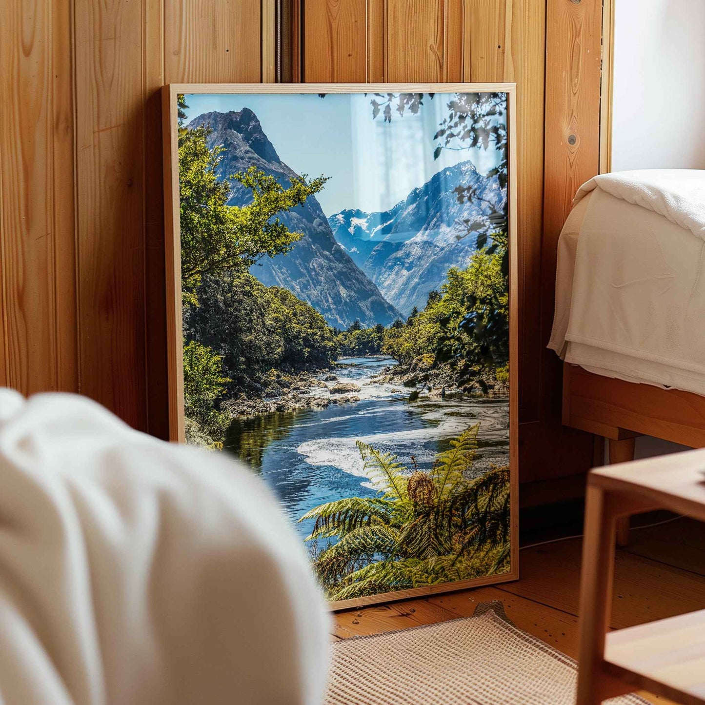 Natural wood framed Milford Track Fiordland New Zealand print leaning against a wooden bedroom wall