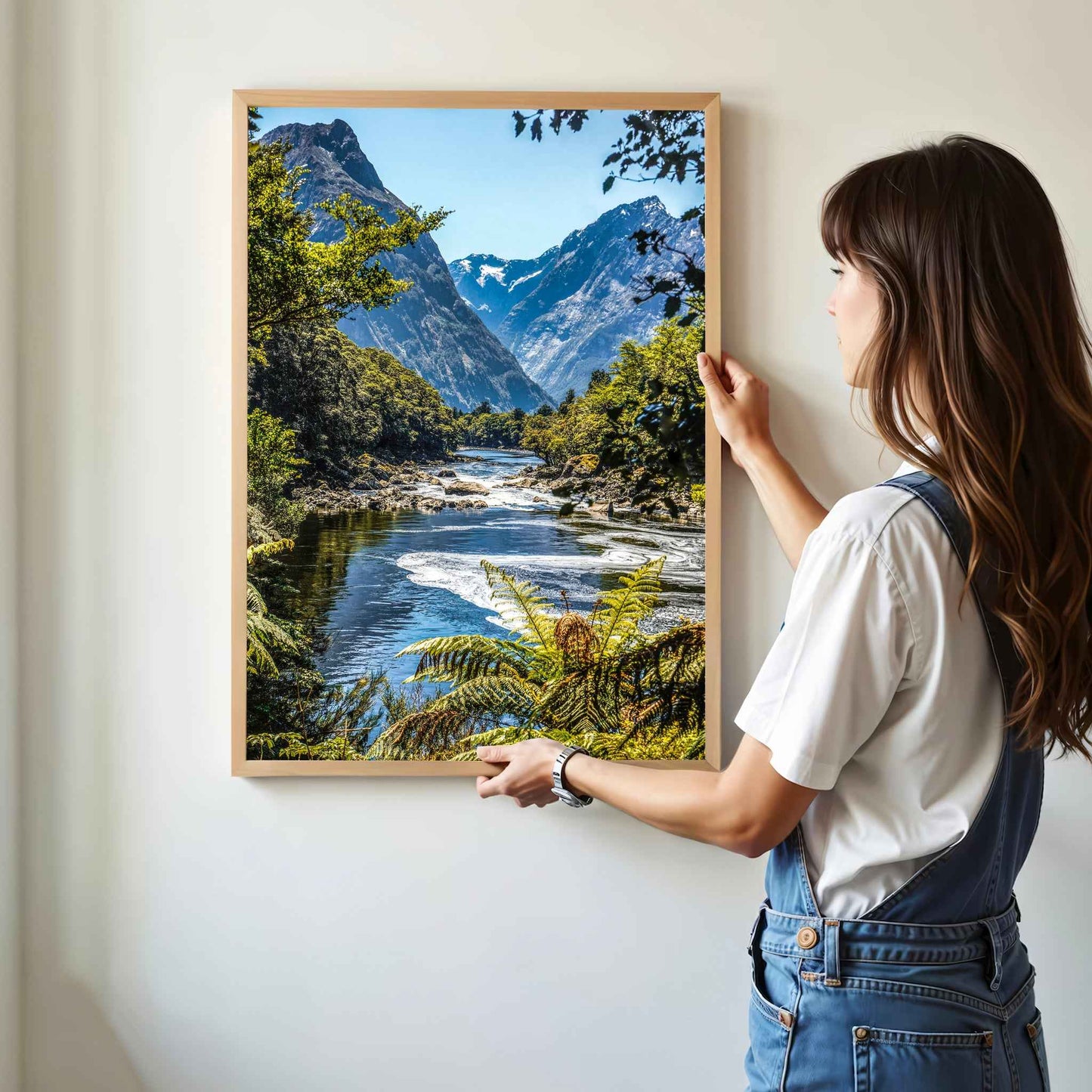 Woman hanging a natural wood framed Milford Track Fiordland New Zealand print on a white wall