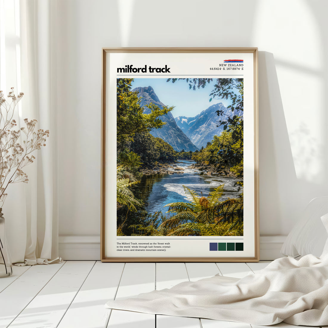 Milford Track New Zealand wall art print in a bright minimalist interior setting