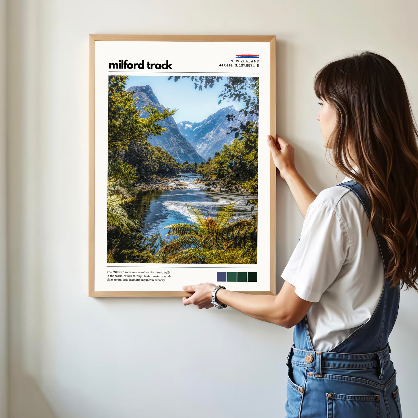 Milford Track wall art displayed in a modern home interior, nature photography print from New Zealand
