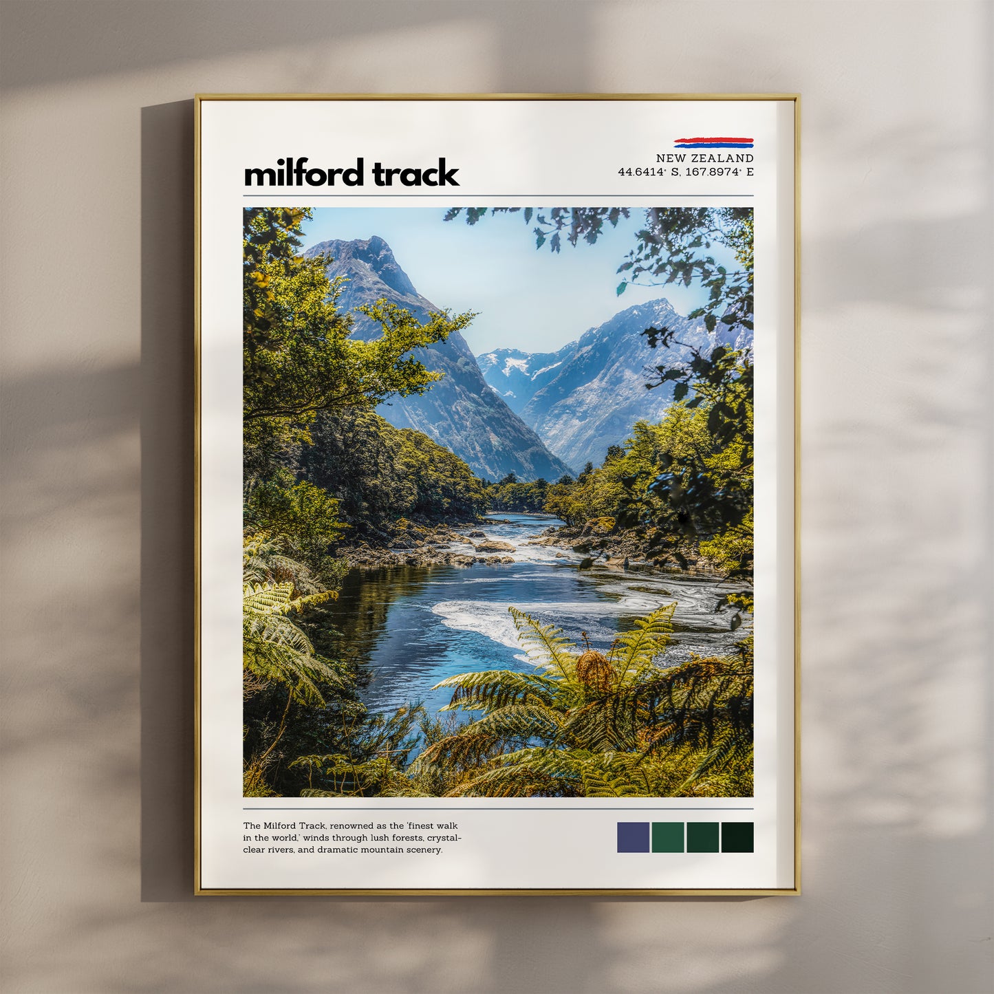 Milford Track wall art print featuring a river winding through Fiordland forest and mountain scenery in New Zealand