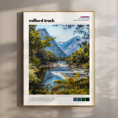 Milford Track wall art print featuring a river winding through Fiordland forest and mountain scenery in New Zealand