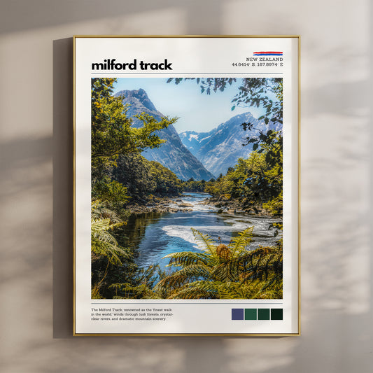 Milford Track wall art print featuring a river winding through Fiordland forest and mountain scenery in New Zealand
