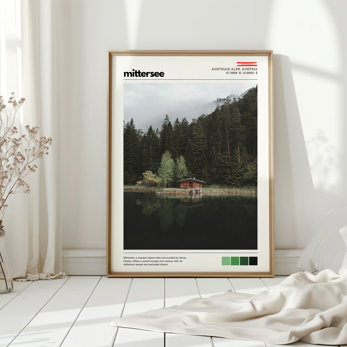 Mittersee alpine wall art print leaning against the wall in a contemporary home