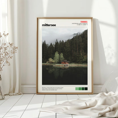 Mittersee alpine wall art print leaning against the wall in a contemporary home