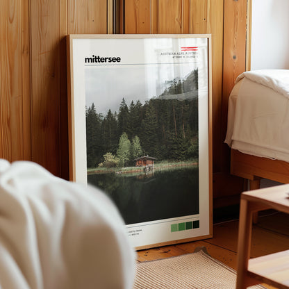 Mittersee Austrian Alps wall art print displayed in a minimalist bedroom setting