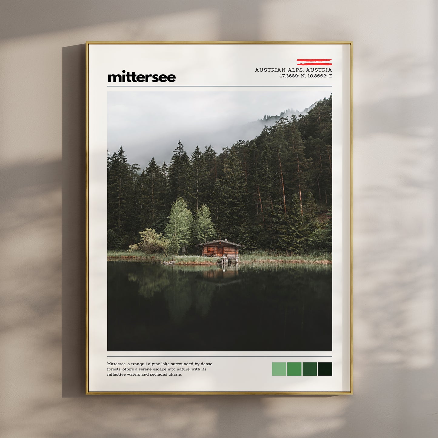 Mittersee wall art print featuring a peaceful alpine lake and forest in the Austrian Alps