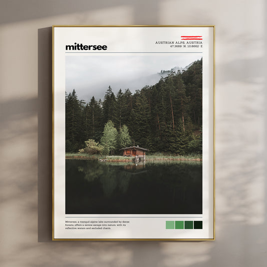 Mittersee wall art print featuring a peaceful alpine lake and forest in the Austrian Alps