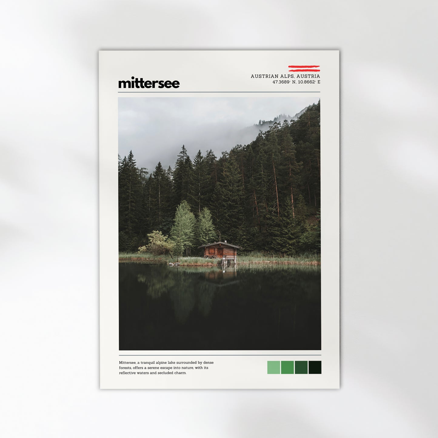 Mittersee location poster with calm alpine lake scenery in the Austrian Alps