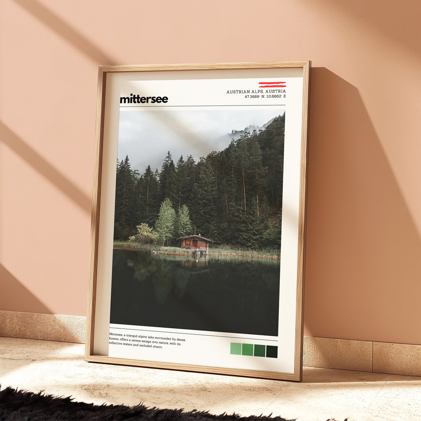 Mittersee location wall art print styled as part of a warm, modern lifestyle interior