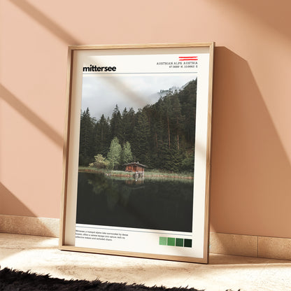 Mittersee location wall art print styled as part of a warm, modern lifestyle interior