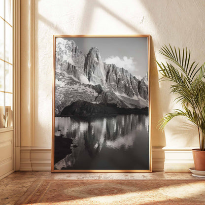 Elegant framed landscape photo of Les Drus mountain in Chamonix with a serene lake reflection.