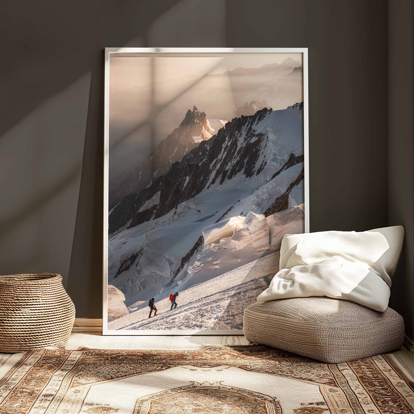 Climbing scene on Mont Blanc with Aiguille du Midi in the distance