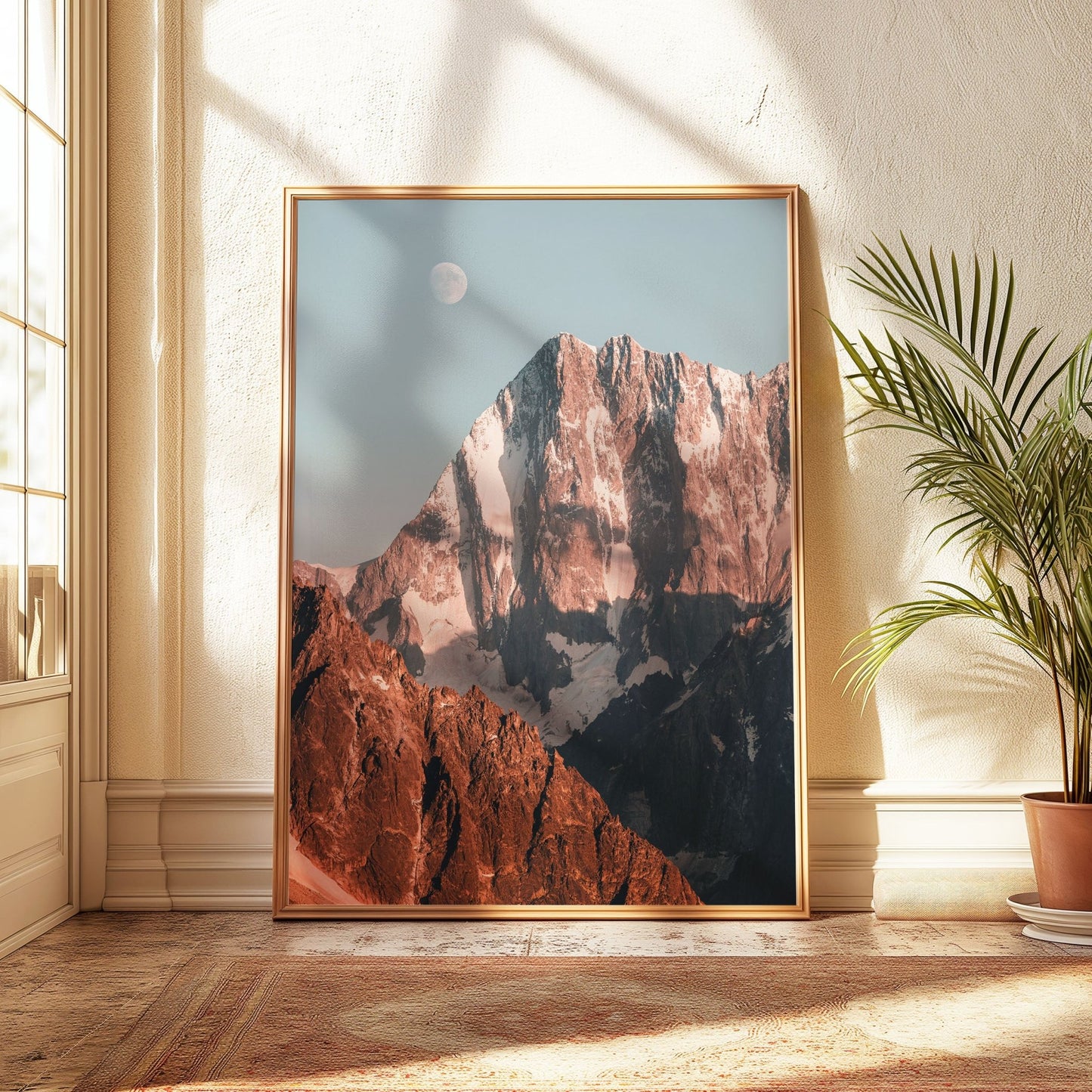 Framed photograph of Mont Blanc du Massif with a moon rising in the evening sky.