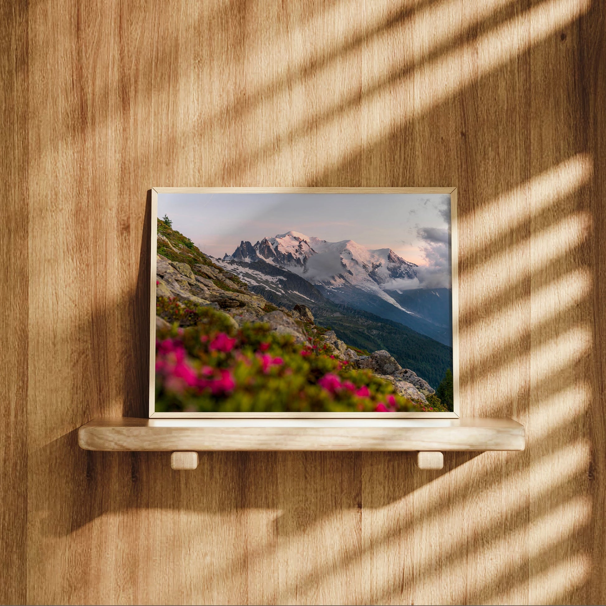 Evening light on Mont Blanc captured in this minimalist wall art print from Chamonix’s hiking trails.