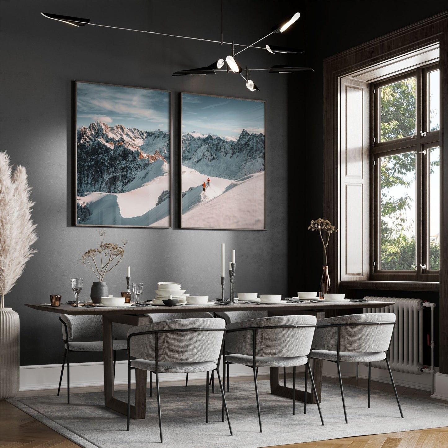 Mont Blanc massif wall art displayed in a modern dining room setting.