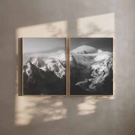 Golden sunlight on Mont Blanc Massif prints in a calm interior with soft shadows and ambient light.