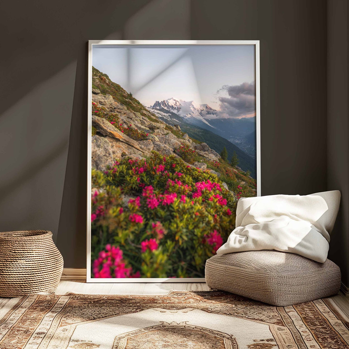 Premium print showcasing Mont Blanc and spring blooms, ideal for nature lovers.