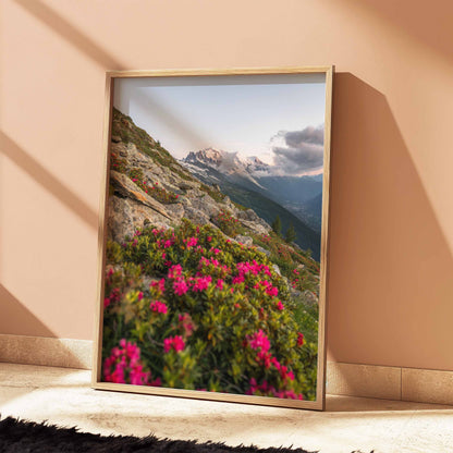 Beautiful wall art of alpine flora and the iconic Mont Blanc massif under soft evening light.