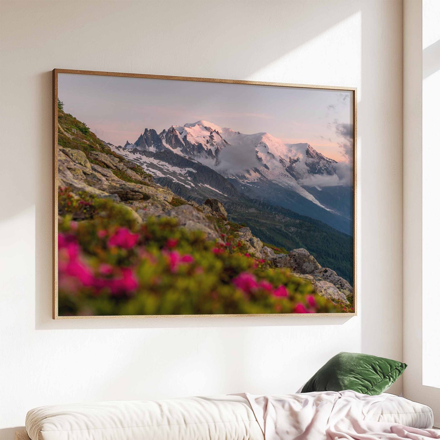 Framed Mont Blanc massif sunset with vibrant alpine flowers, perfect wall decor