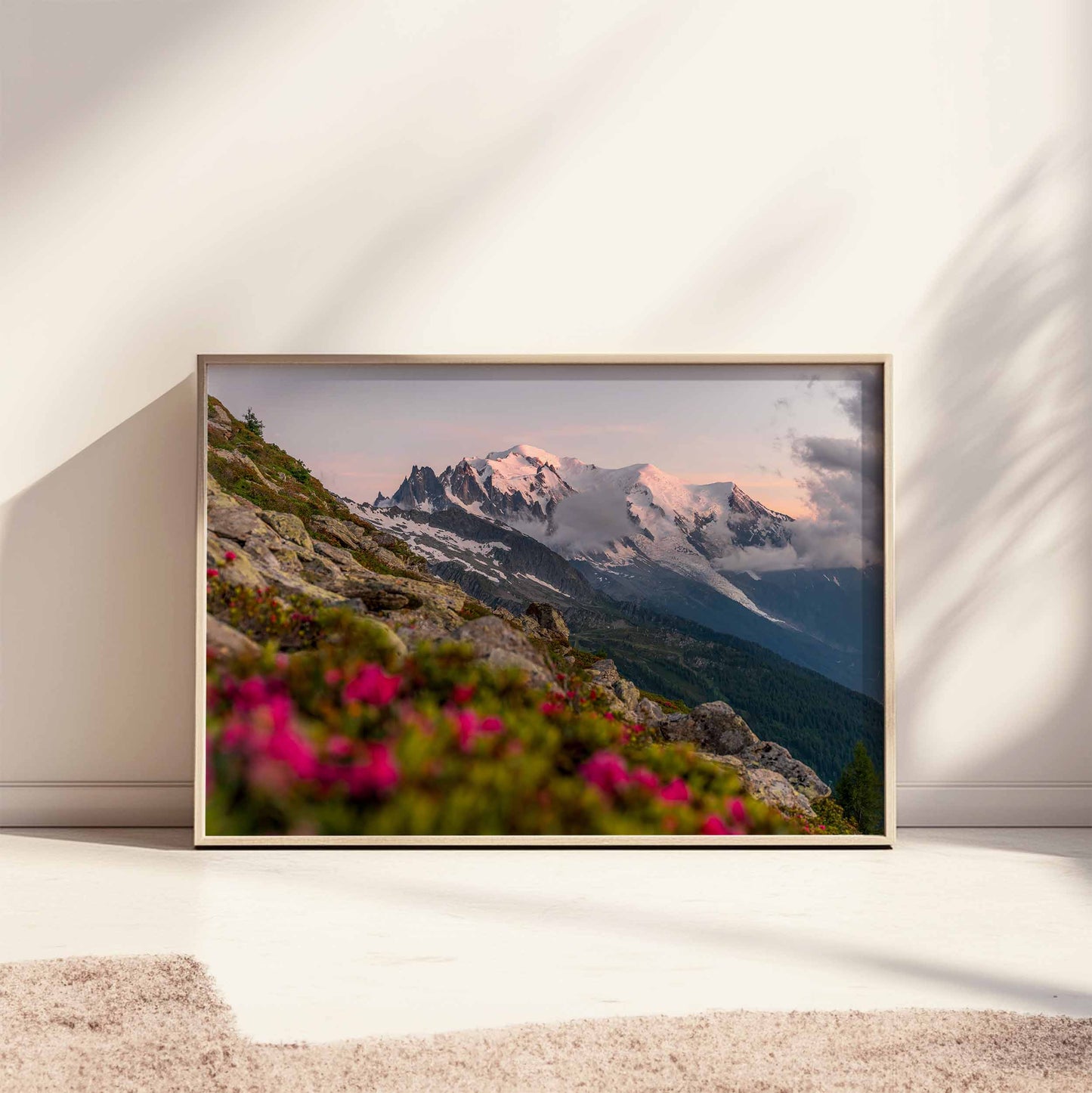 Chamonix sunset wall art featuring Mont Blanc massif and blooming pink flowers