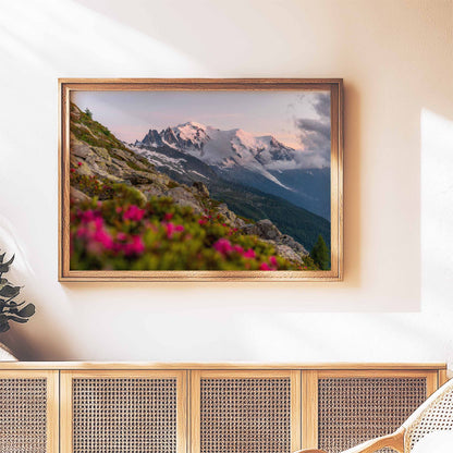 Mont Blanc massif in golden sunset light, vibrant floral foreground wall print