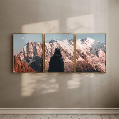 Gallery-style arrangement of Mont Blanc wall art prints in gold frames showcasing the massif.