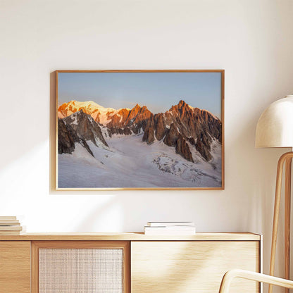 Chamonix Alps featuring Mont Blanc, Mont Maudit, and Mont Blanc du Tacul with vibrant sunrise hues in this unique wall art.