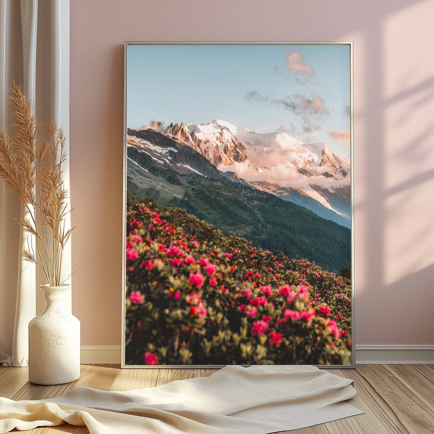 Chamonix mountain view with spring flowers and Mont Blanc