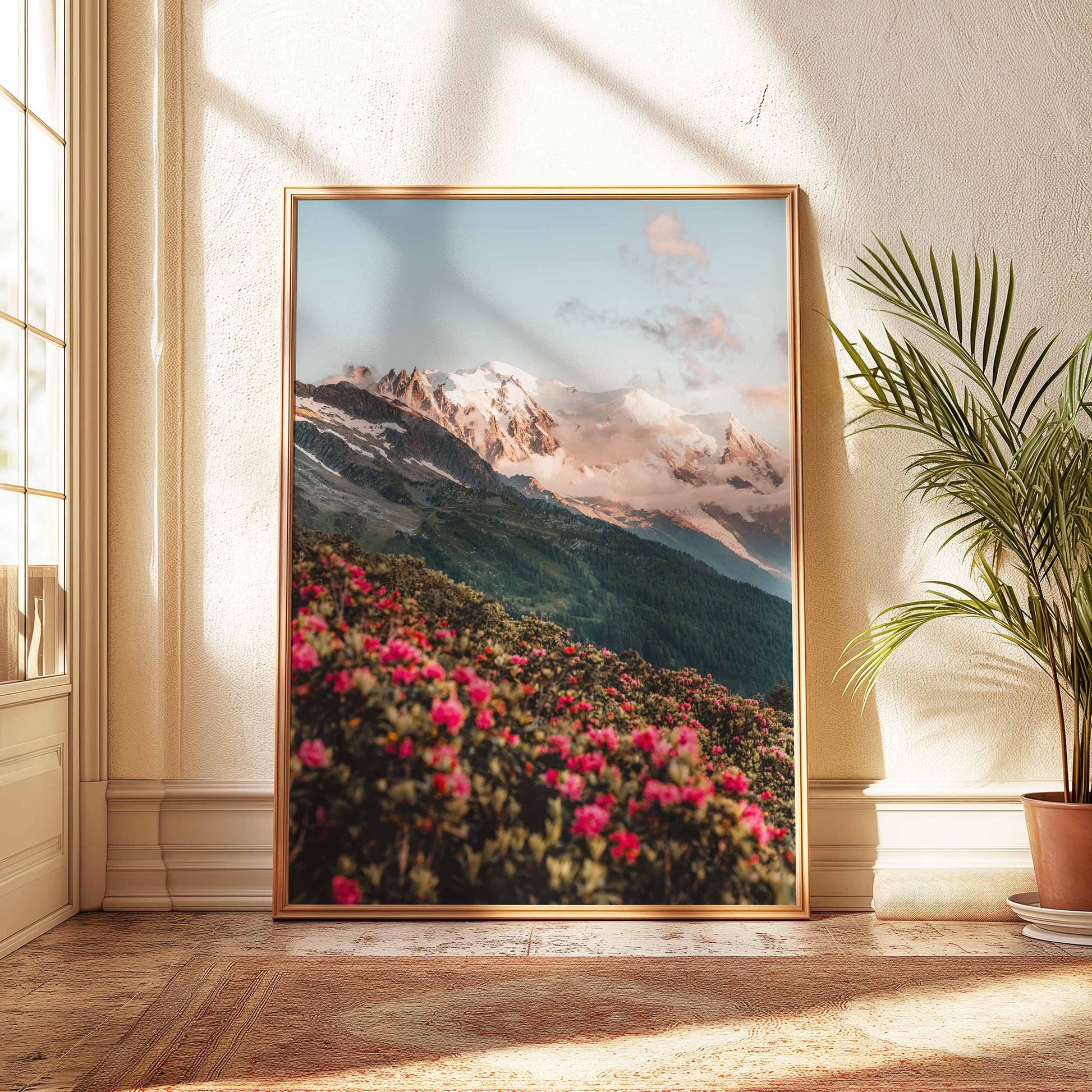 Mont Blanc massif during alpine spring with pink flowers