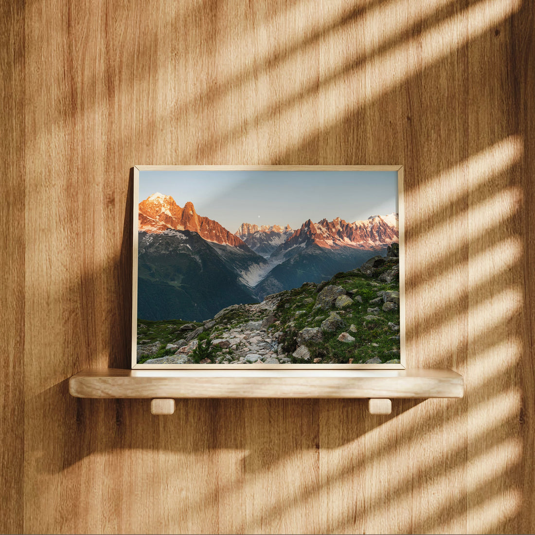 Mont Blanc summit route art print showing high-altitude snow ridge and mountain hut.