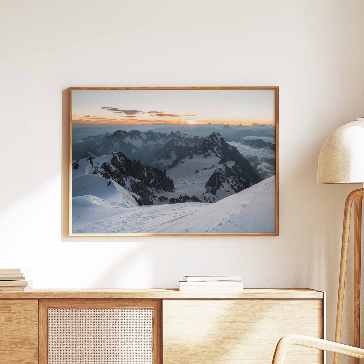 Mont Blanc summit view framed elegantly with minimalist decor and lighting