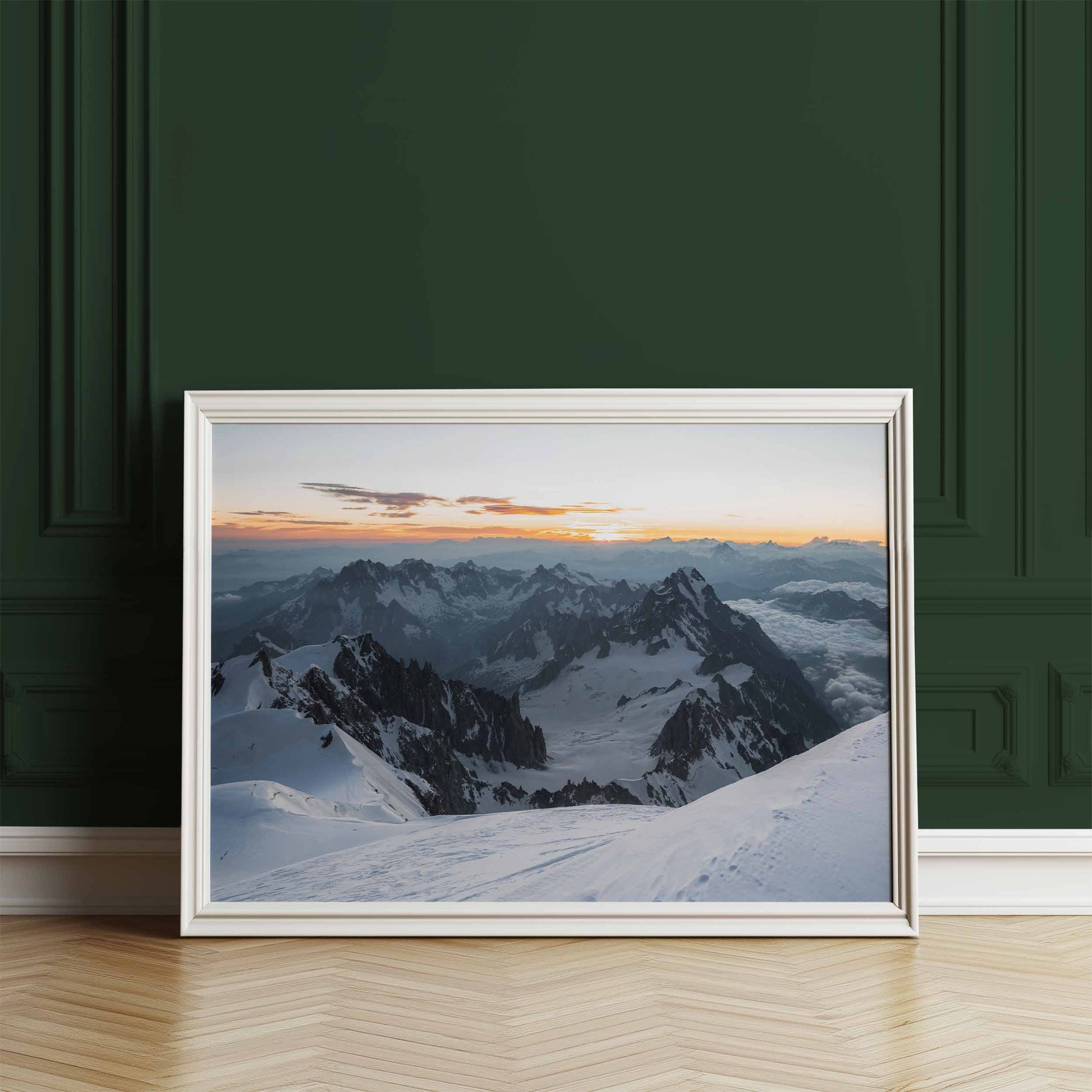 Framed wall art of Mont Blanc summit against a rich green backdrop