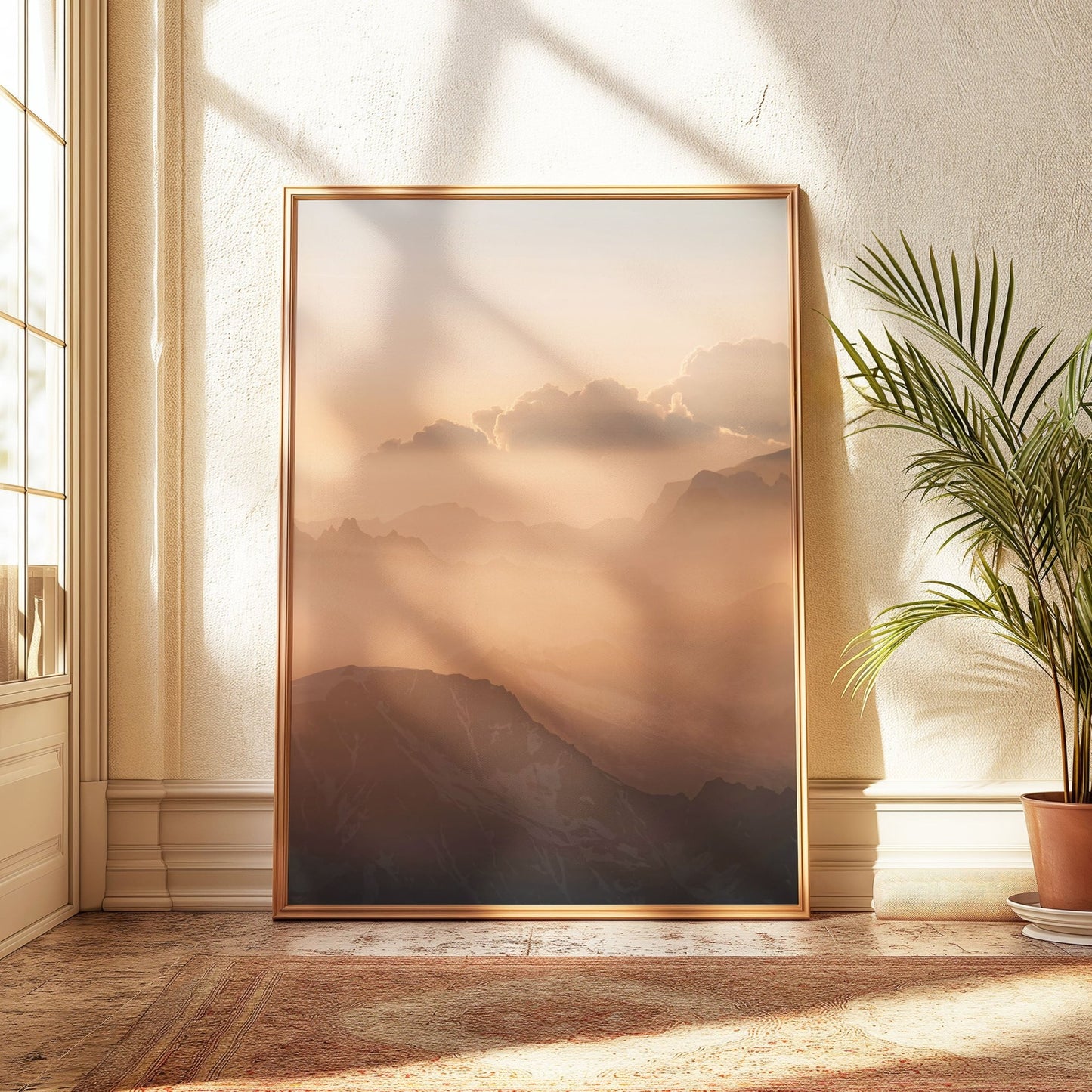 Framed print of a golden sunrise over alpine peaks, viewed from Mont Blanc.