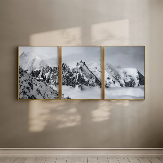 Mont Blanc triptych framed and hung on a minimalist beige wall, highlighting the snowy peaks.