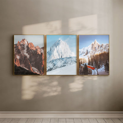 Gallery display of three Mont Blanc-inspired wall art prints in elegant gold frames.