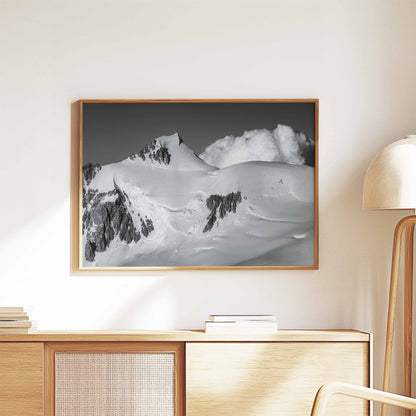 Mont Maudit framed artwork in a minimalist interior with detailed black and white mountain peaks.