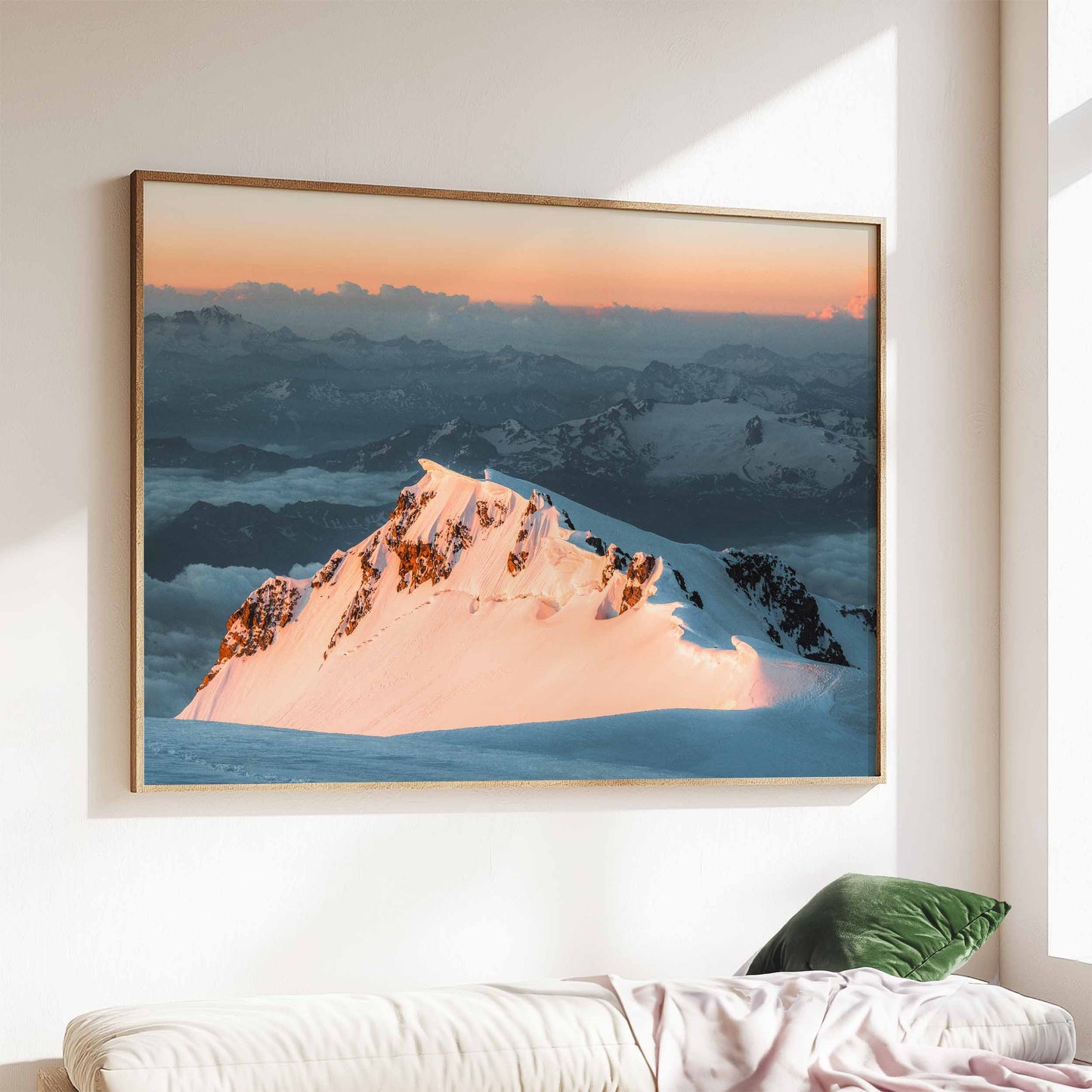 Framed Monte Bianco at sunrise, showcasing its stunning snow-capped peak and dramatic shadows.