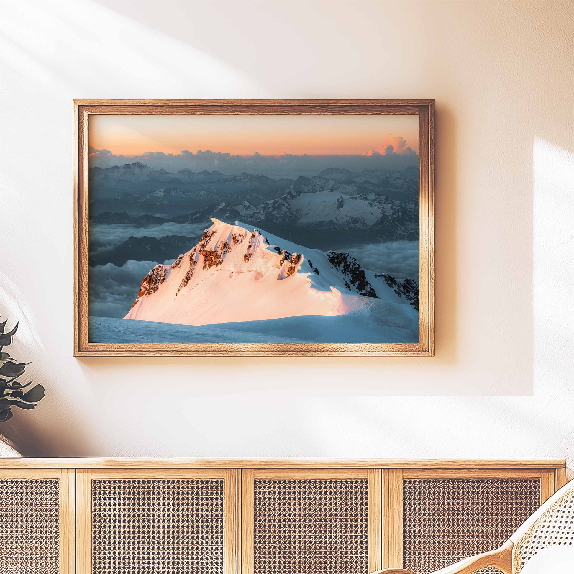 Elegant artwork of Monte Bianco di Courmayeur at dawn, styled in a cozy living space.