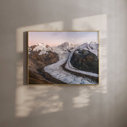 Sunset over Monte Rosa Massif and Gorner Glacier, a stunning mountain landscape for those seeking elegant and tranquil nature wall art.