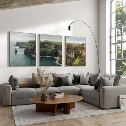 Full triptych of Cliffs of Moher above sofa in bright, modern living space