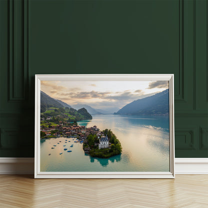 Iseltwald village on Lake Brienz with serene alpine waters and lush greenery in morning light.